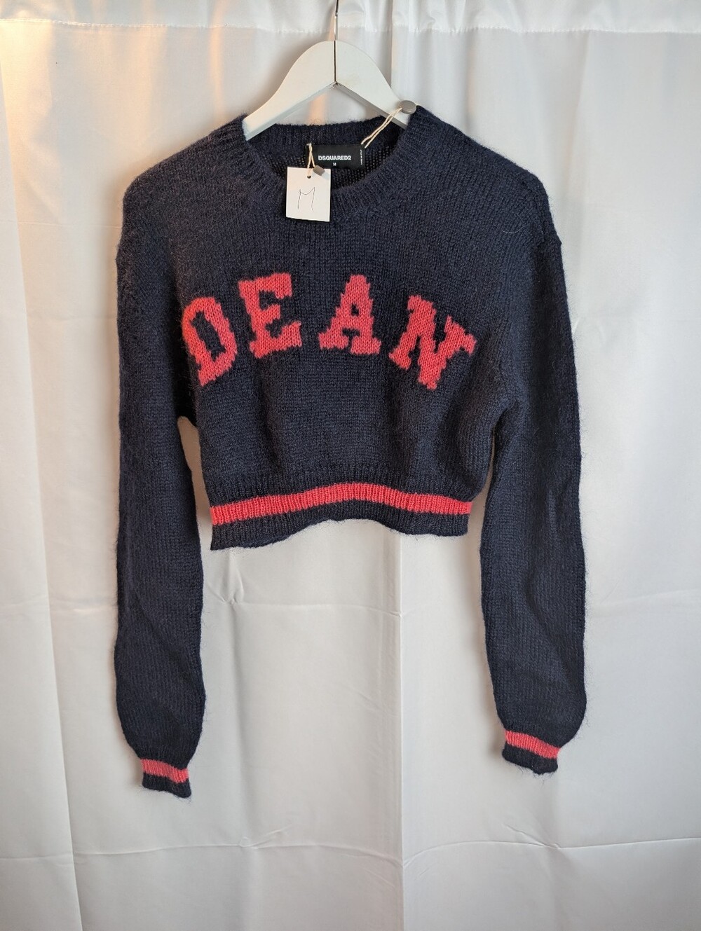 DSQUARED2 Navy and Red Cropped Crewneck Sweater with DEAN Logo Size M BNWT